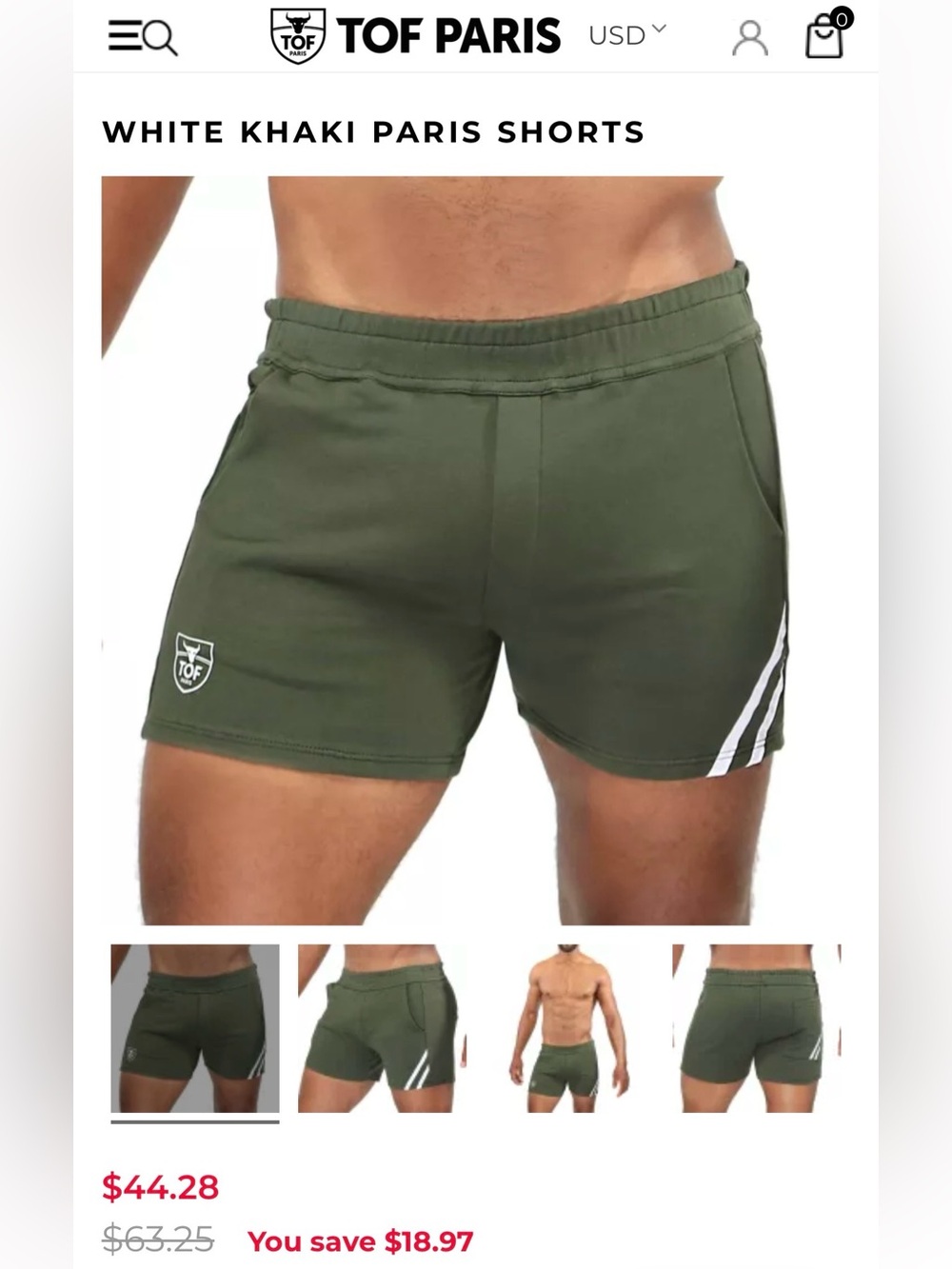 TOF Paris Sexy Shorts-Olive/White-Mens Size Small